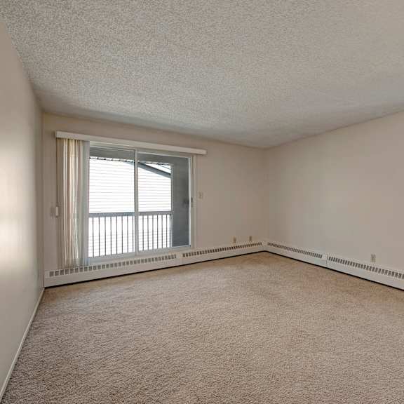 a spacious, empty room here at sterling place apartment homes with beige carpet and white walls. a large sliding glass door and a window let in natural light, offering views of trees outside.
