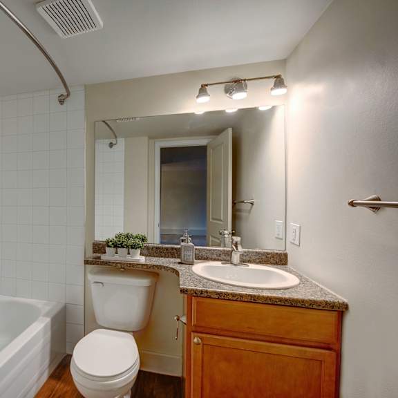 a small bathroom here at wyndham crossing apartment homes features a white bathtub with tiled walls, a wooden vanity with a granite top, a sink, a potted plant, and a large mirror under bright lights.