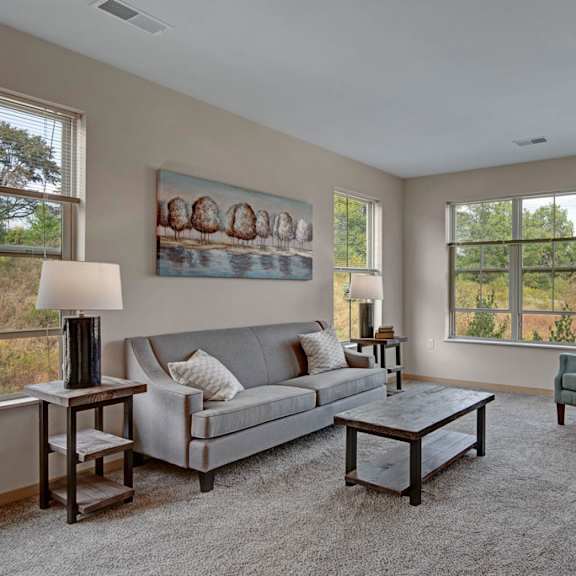 a bright living room here at vue at pinnacle park with soft carpet, a gray sofa, a green accent chair, large windows with scenic views, and a cozy layout with table and tv for a welcoming feel.