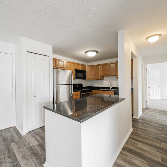 entryway and renovated kitchen with plank flooring