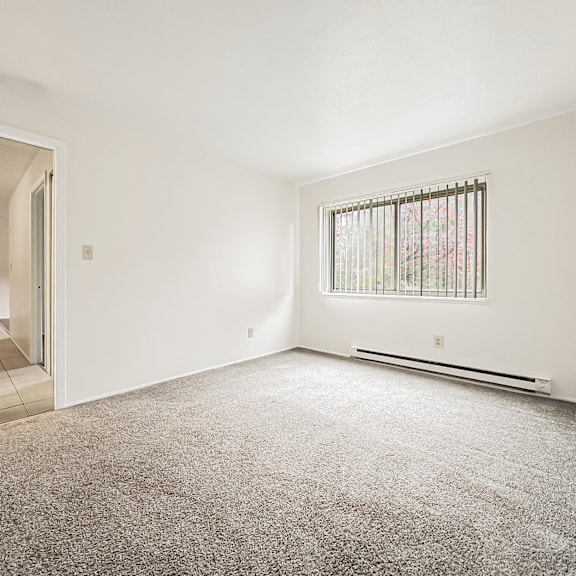 a room with a carpeted floor and a window with bars.