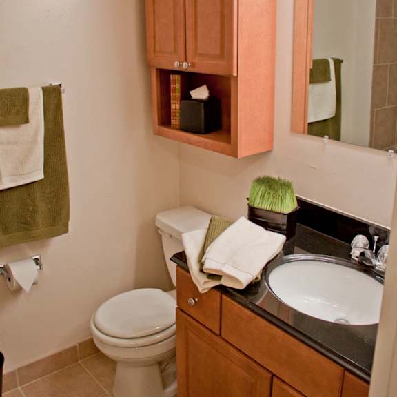bathroom cherry finish cabinetry at westwood meadows - sp westlake 27825 detroit apartments, integrity realty llc, westlake, ohio