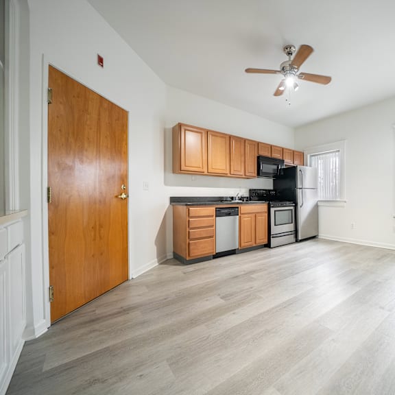 open plan kitchen at tremont terraces apartments, cleveland, 44113