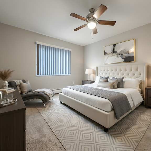 a bedroom with a large bed, a ceiling fan, and a nightstand with a lamp.