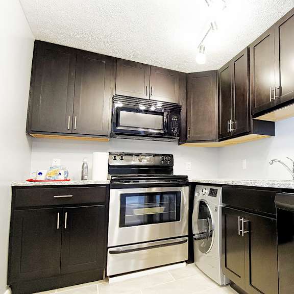 a kitchen with black cabinets and stainless steel appliances.