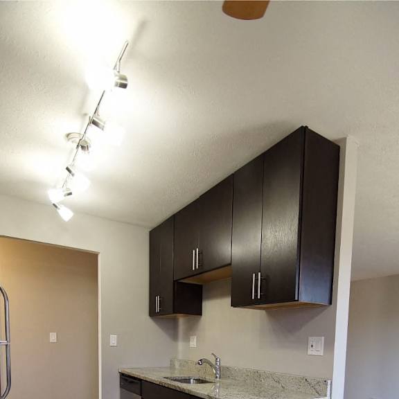 a kitchen with espresso cabinets and a marble countertop.
