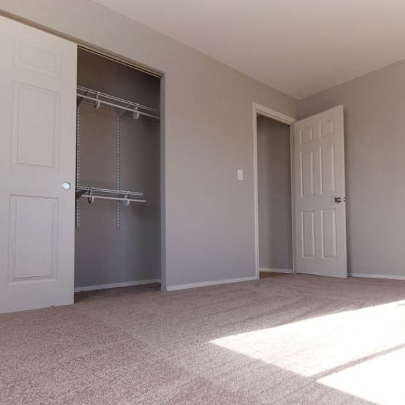 a bedroom room with a large closet.