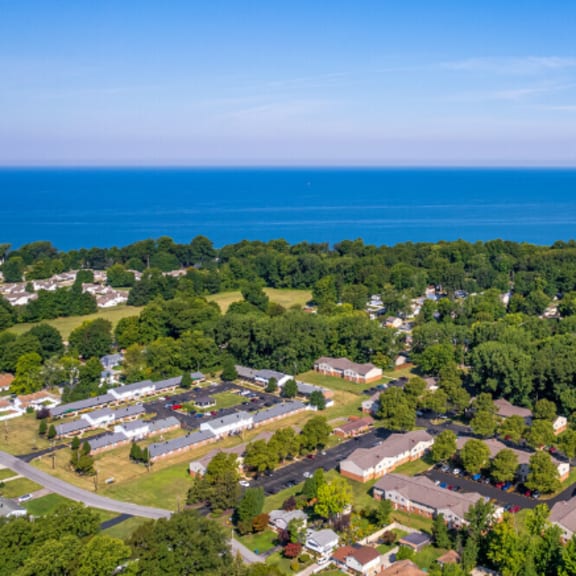 a view of a neighborhood with the ocean in the background