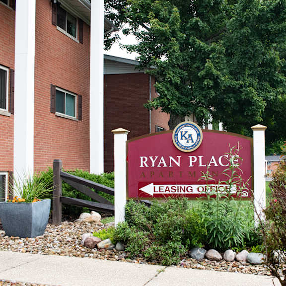 photo of sign at leasing office at ryan place apartments, integrity realty, kent, oh