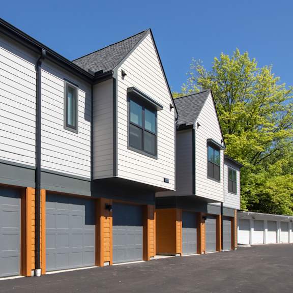 building exterior with tuck under garages at reserve overlook apartments, integrity realty, cleveland heights, ohio