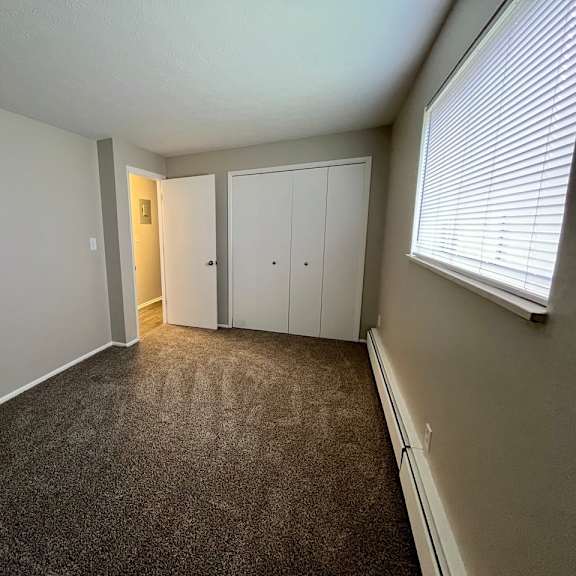 an empty room with carpet and a large window