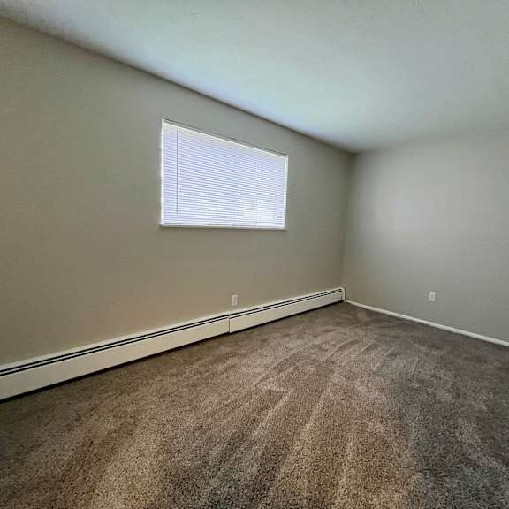 an empty room with carpet and a window