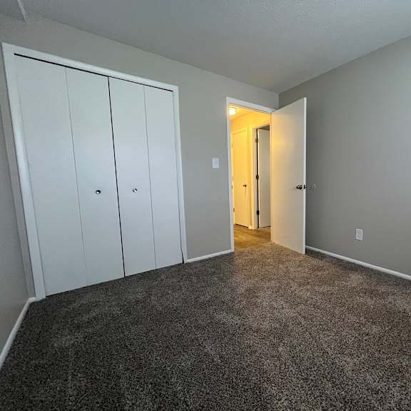 bedroom with two closets and a carpeted floor