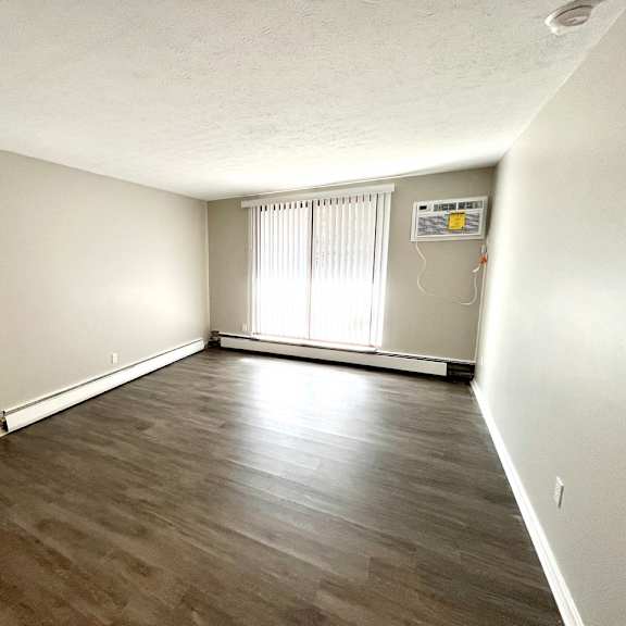 an empty living room with plank style flooring and white walls