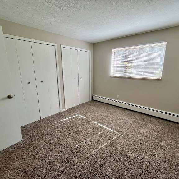 an empty room with carpet and a window and closets