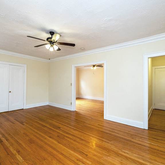 living area with ceiling fan at heights collection apartments, cleveland heights, oh 44106