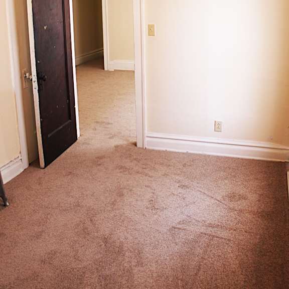 a room with a carpeted floor and a ceiling fan.