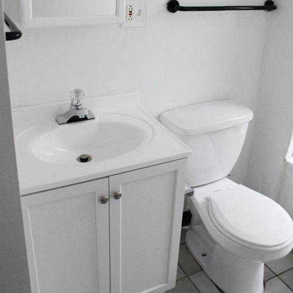 a white toilet sits next to a sink in a bathroom.