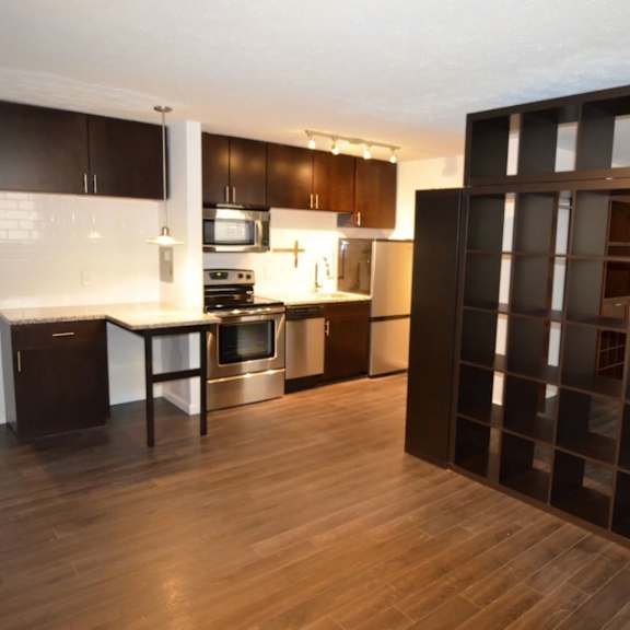 a kitchen with dark wood floors and a black and white checkered wall.