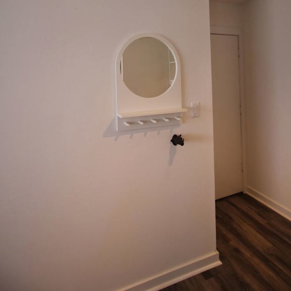 a white wall with a round mirror and a black switch.