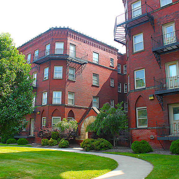 outdoor walkway at tremont terraces apartments, ohio, 44113