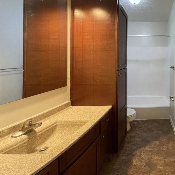 renovated bathroom in select apartment homes at woodland pointe apartments and townhomes, integrity realty, ohio, 44240