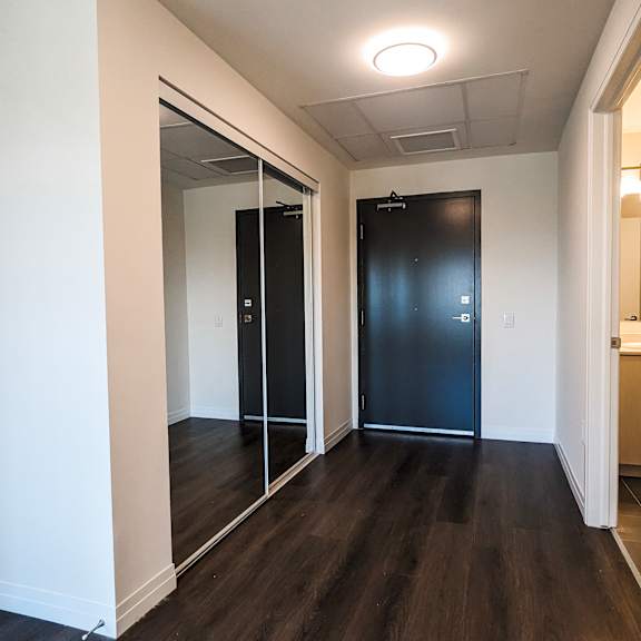 a hallway with a black door and mirrored wall.