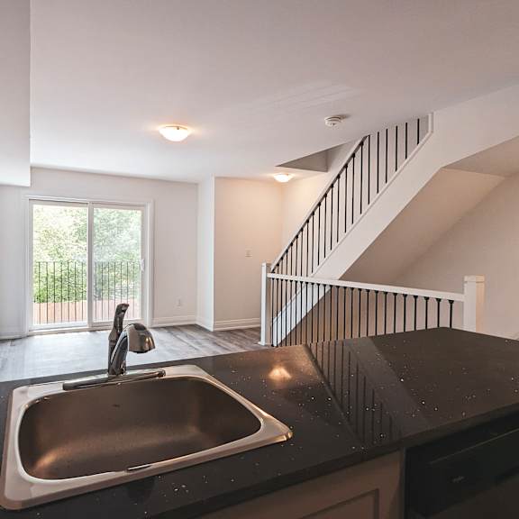 a modern kitchen with a stainless steel sink and black countertop.