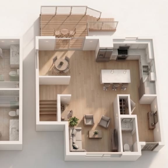 a top-down view of a two-story apartment layout with a balcony on the second floor.
