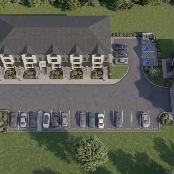 an aerial view of a townhouse site, featuring both townhouse blocks.