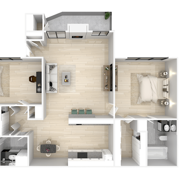 Thumbnail 1 of 2 A 3D floor plan of a house with a kitchen, living room, and two bedrooms.