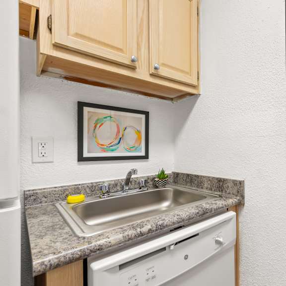 a kitchen with a white dishwasher and a sink with a yellow sponge.