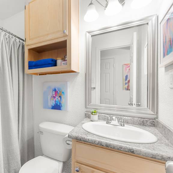 a bathroom with a toilet, sink, and a mirror.