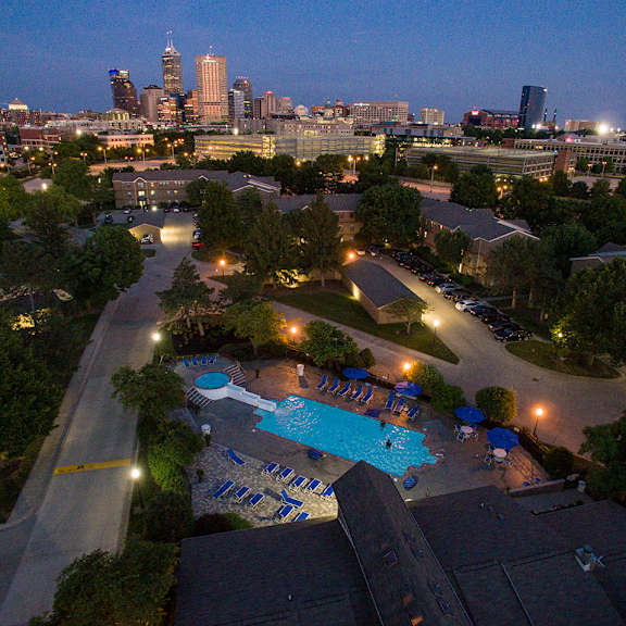 lockefield gardens downtown indy view with large pool