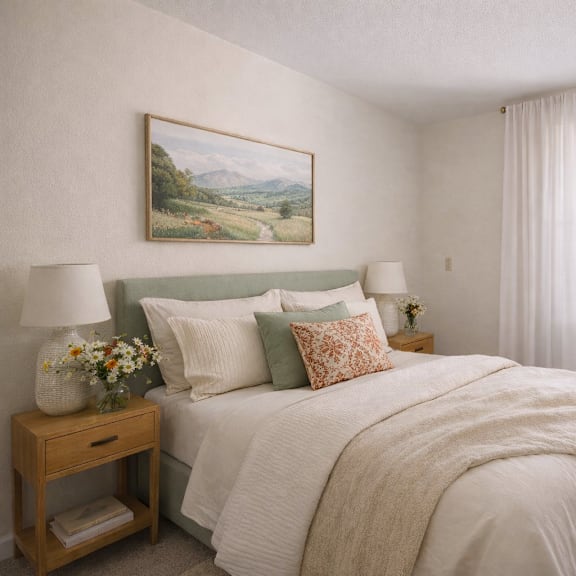 a bedroom with a large bed and a painting on the wall.