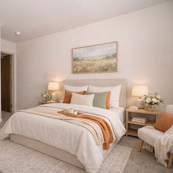 a bedroom with a large bed and a painting on the wall.