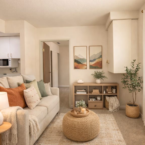 a living room with a couch, a table, and a plant.