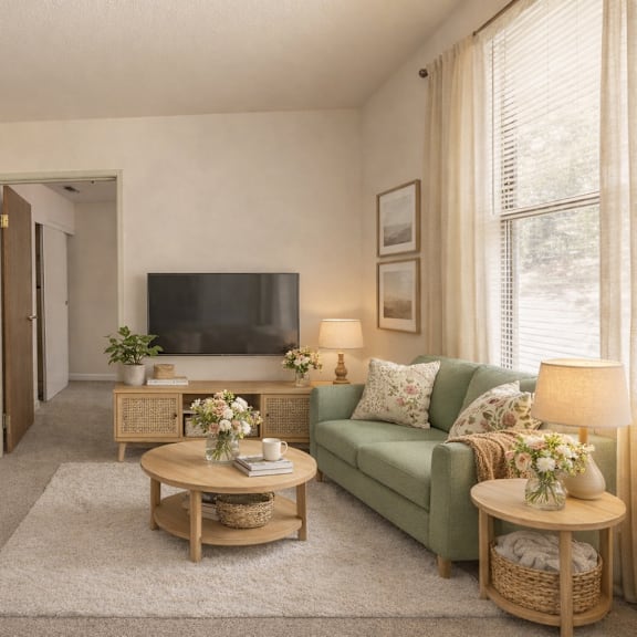 a living room with a green couch and a flat screen tv.