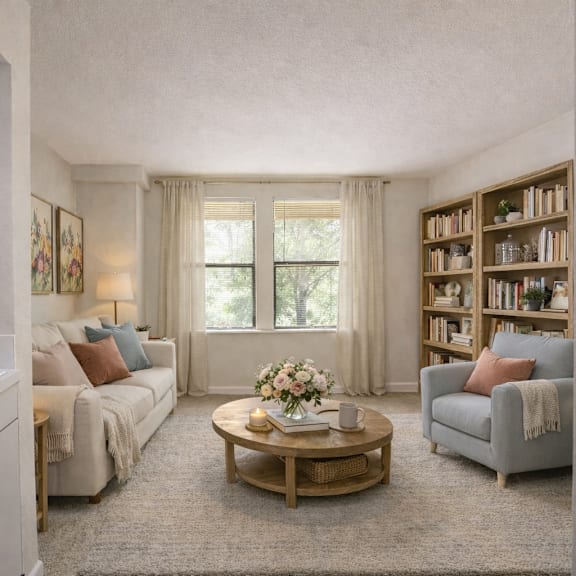 a well-lit, modern living room with a kitchen area to the left.