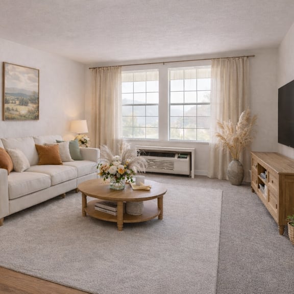 a living room with a white sofa, a wooden coffee table, and a grey rug.