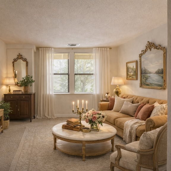 a well-lit living room with a round coffee table in the center.