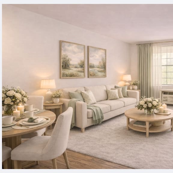 a living room with a sofa, coffee table, and a painting on the wall.