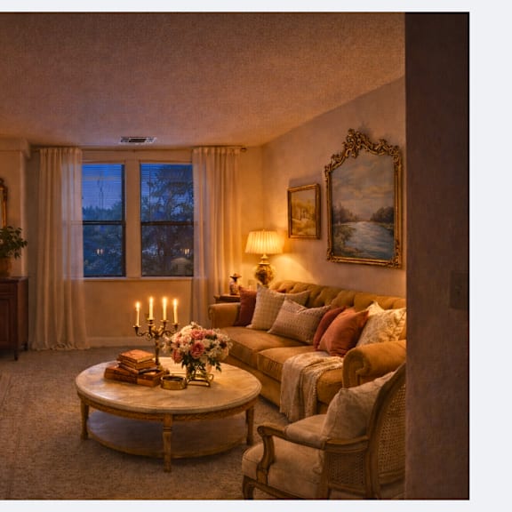 a cozy living room with a couch, coffee table, and a window with curtains.