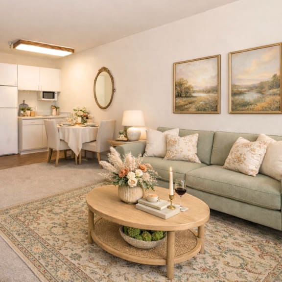a living room with a couch, coffee table, and two paintings on the wall.