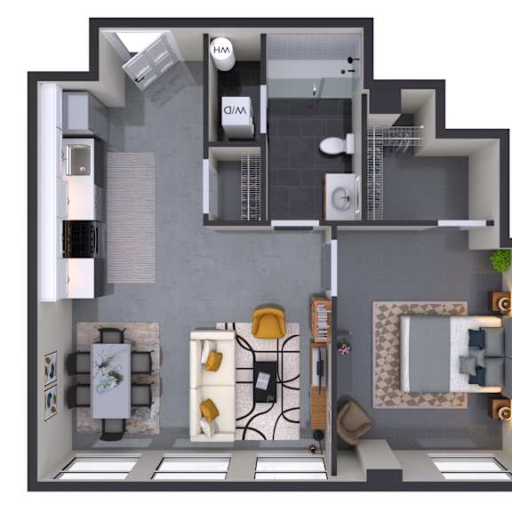 Thumbnail 1 of 2 A 3D floor plan of a small apartment with a kitchen, living room, and bathroom.