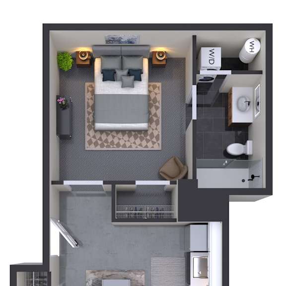 Thumbnail 1 of 2 A top-down view of a modern apartment layout with a kitchen, living room, and bathroom.