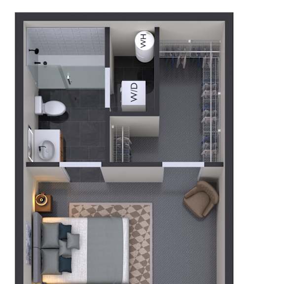 Thumbnail 1 of 2 A floor plan of a small apartment with a kitchen, living room, and bathroom.