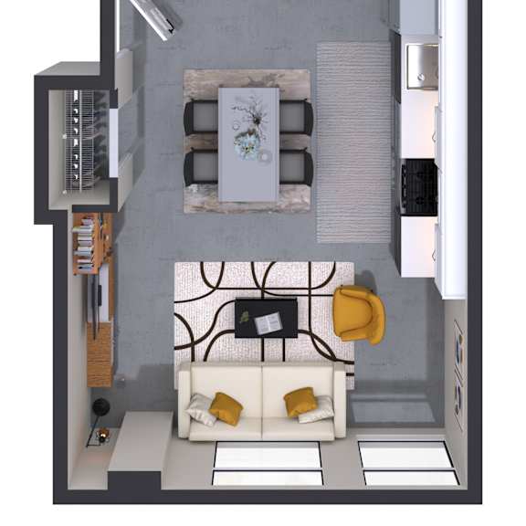 Thumbnail 1 of 3 A dollhouse living room with a couch, chair, and mirror.