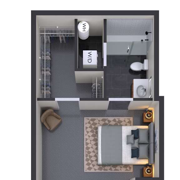 Thumbnail 1 of 2 A floor plan of a small apartment with a kitchen, living room, and bathroom.