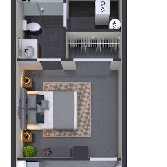 Thumbnail 1 of 2 A floor plan of a small apartment with a kitchen, living room, and bathroom.
